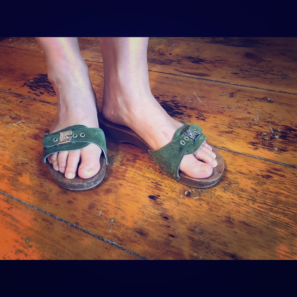 Genuine suede and wood Dr. Scholls clog sandals